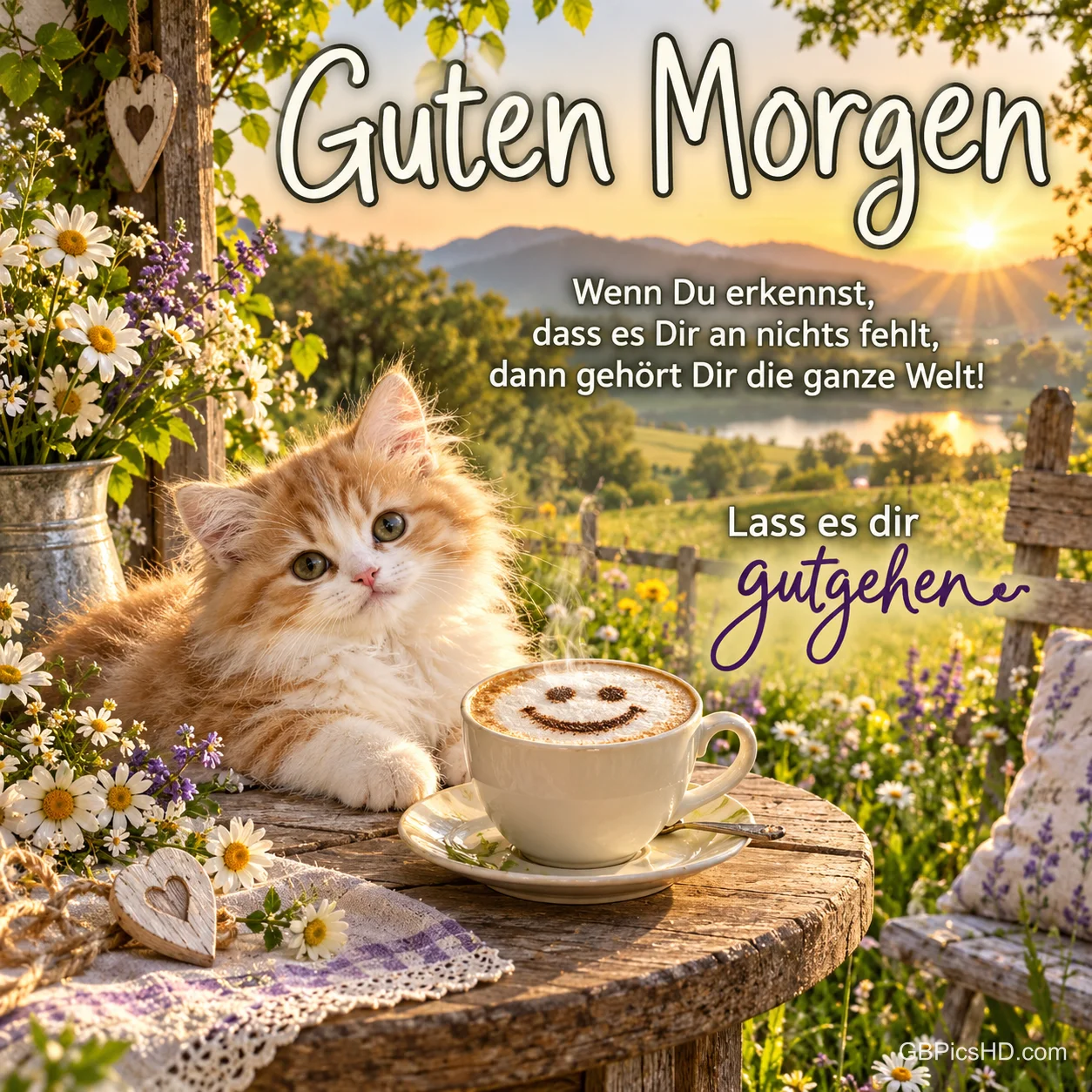 Ein rot-weißes Kätzchen sitzt neben einer Tasse mit Milchschaum-Smiley auf einem Gartentisch voller Blumen unter "Guten Morgen".