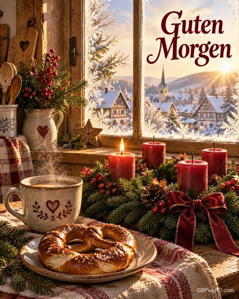 Eine dampfende Tasse Kaffee und eine Brezel am Küchenfenster mit Eisblumen, draußen ein verschneites Dorf, daneben brennt die erste Kerze am Adventskranz, dazu „Guten Morgen“.