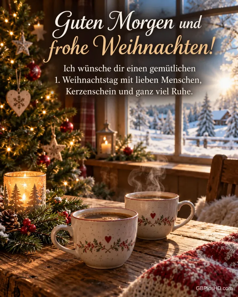 Zwei dampfende Kaffeetassen stehen am Weihnachtsmorgen auf dem Holztisch vor dem verschneiten Fenster, dazu "Guten Morgen und frohe Weihnachten!".