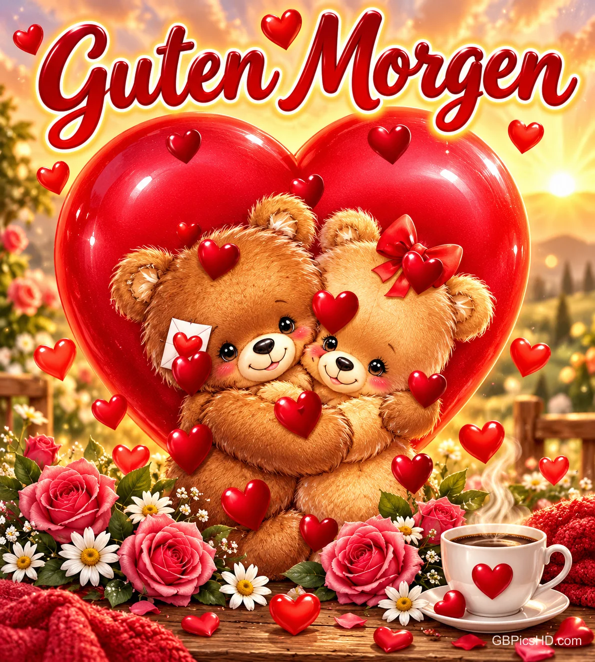Zwei Teddybären umarmen sich vor einem roten Herz, umgeben von Rosen, kleinen Herzen und Kaffee mit dem Gruß "Guten Morgen".