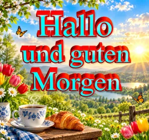 Kaffee und ein Croissant stehen vor einer sonnigen Seelandschaft mit Tulpen und Schmetterlingen unter "Hallo und guten Morgen".