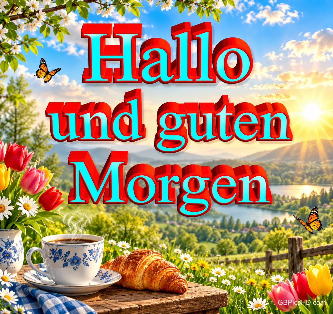 Kaffee und ein Croissant stehen vor einer sonnigen Seelandschaft mit Tulpen und Schmetterlingen unter "Hallo und guten Morgen".