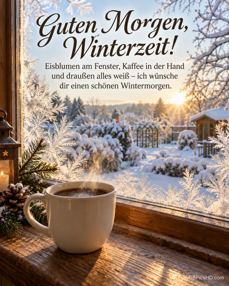 Eine dampfende Tasse Kaffee steht auf einem Holzfensterbrett vor Eisblumen am Fenster, draußen ein verschneiter Garten im Morgenlicht, dazu "Guten Morgen, Winterzeit!".