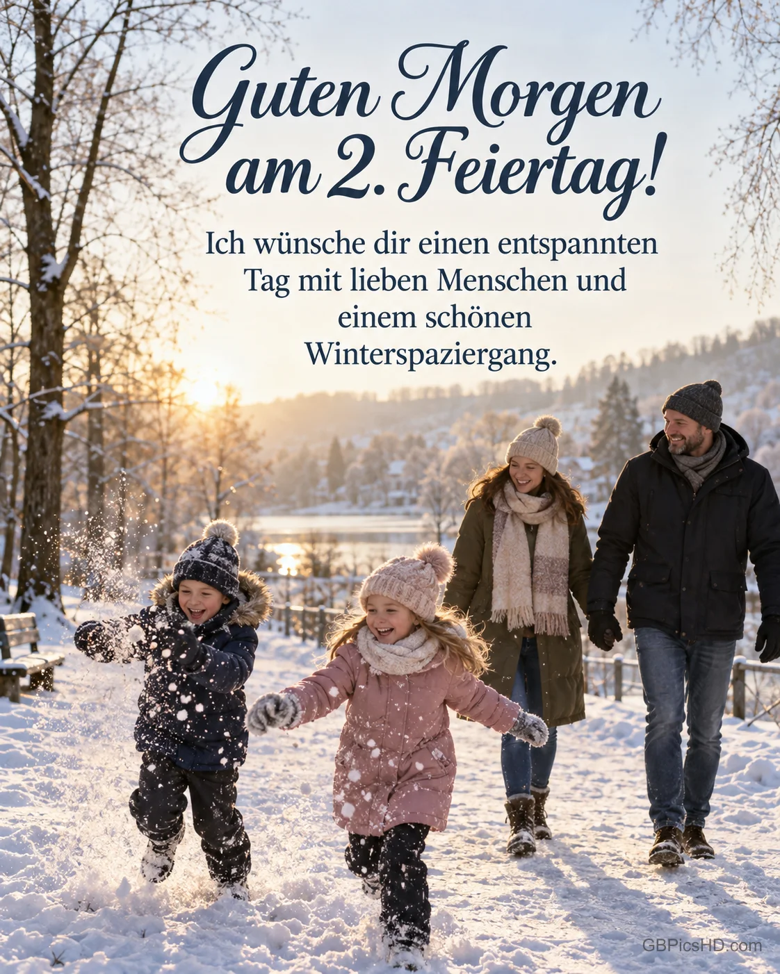 Eine Familie spaziert am Morgen durch einen verschneiten Park, die Kinder laufen voraus, dazu "Guten Morgen am 2. Feiertag!". Eine Familie spaziert am Morgen durch einen verschneiten Park, die Kinder laufen voraus, dazu "Guten Morgen am 2. Feiertag!".