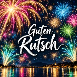 Buntes Feuerwerk in Gold, Pink und Grün über einer nächtlichen Stadt am Fluss, deren Lichter sich im Wasser spiegeln, mit großem weißem Schriftzug "Guten Rutsch"