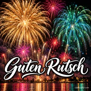 Goldenes und türkisfarbenes Feuerwerk über einem See mit beleuchteter Uferstadt, darunter der geschwungene weiße Schriftzug "Guten Rutsch"