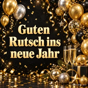 Goldene, silberne und schwarze Ballons mit Luftschlangen, Konfetti, Sektgläsern und Geschenk vor dunklem Hintergrund, in der Mitte goldene Schrift "Guten Rutsch ins neue Jahr"