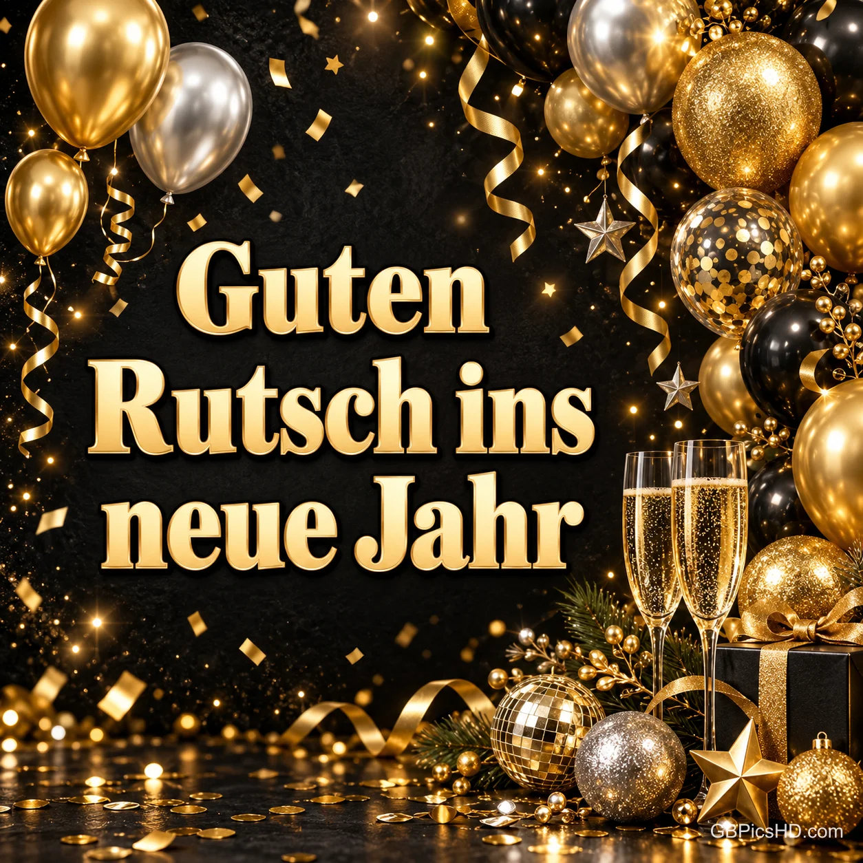 Goldene, silberne und schwarze Ballons mit Luftschlangen, Konfetti, Sektgläsern und Geschenk vor dunklem Hintergrund, in der Mitte goldene Schrift "Guten Rutsch ins neue Jahr" Goldene, silberne und schwarze Ballons mit Luftschlangen, Konfetti, Sektgläsern und Geschenk vor dunklem Hintergrund, in der Mitte goldene Schrift "Guten Rutsch ins neue Jahr"