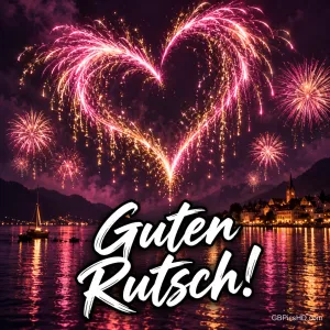 Ein großes Herz aus rosafarbenen Feuerwerksfunken über einem nächtlichen See mit Segelboot und beleuchtetem Städtchen, dazu weißer Pinselschriftzug "Guten Rutsch!"