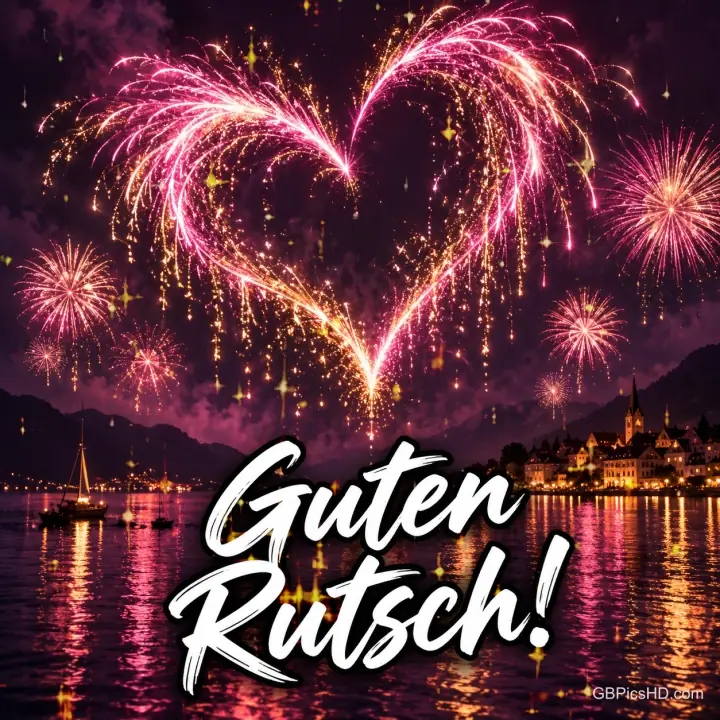 Ein großes Herz aus rosafarbenen Feuerwerksfunken über einem nächtlichen See mit Segelboot und beleuchtetem Städtchen, dazu weißer Pinselschriftzug "Guten Rutsch!" Ein großes Herz aus rosafarbenen Feuerwerksfunken über einem nächtlichen See mit Segelboot und beleuchtetem Städtchen, dazu weißer Pinselschriftzug "Guten Rutsch!"