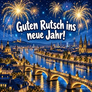 Goldenes und blaues Feuerwerk über einer nächtlichen Altstadt mit Kathedrale, Fluss und beleuchteter Steinbrücke, oben der Schriftzug "Guten Rutsch ins neue Jahr!"