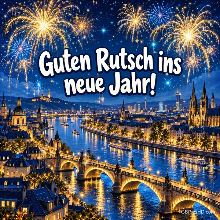 Goldenes und blaues Feuerwerk über einer nächtlichen Altstadt mit Kathedrale, Fluss und beleuchteter Steinbrücke, oben der Schriftzug "Guten Rutsch ins neue Jahr!" Goldenes und blaues Feuerwerk über einer nächtlichen Altstadt mit Kathedrale, Fluss und beleuchteter Steinbrücke, oben der Schriftzug "Guten Rutsch ins neue Jahr!"
