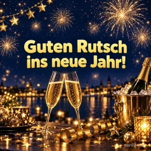 Zwei anstoßende Sektgläser und eine Flasche im Eiskühler vor Lichtern am Fluss, goldene Sterne und Feuerwerk, dazu gelber Schriftzug "Guten Rutsch ins neue Jahr!"