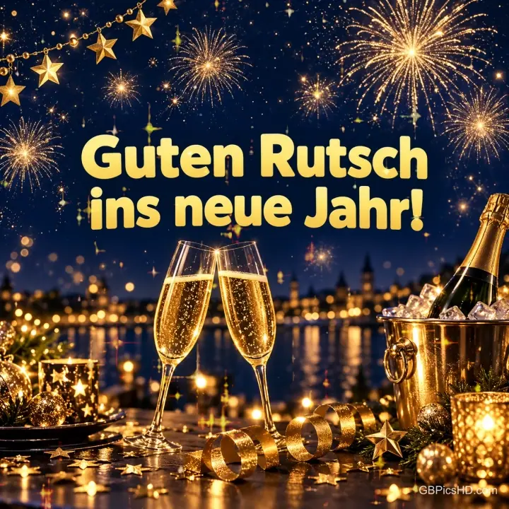 Zwei anstoßende Sektgläser und eine Flasche im Eiskühler vor Lichtern am Fluss, goldene Sterne und Feuerwerk, dazu gelber Schriftzug "Guten Rutsch ins neue Jahr!" Zwei anstoßende Sektgläser und eine Flasche im Eiskühler vor Lichtern am Fluss, goldene Sterne und Feuerwerk, dazu gelber Schriftzug "Guten Rutsch ins neue Jahr!"