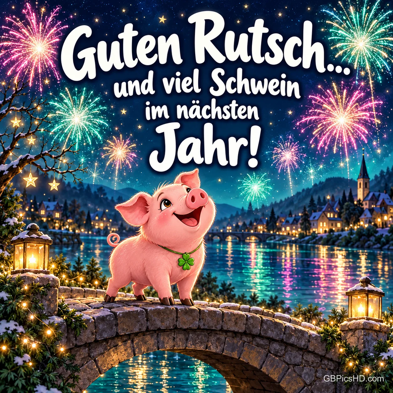 Ein lachendes rosa Glücksschwein mit Kleeblatt steht auf einer Steinbrücke am See, darüber buntes Feuerwerk und der Text "Guten Rutsch... und viel Schwein im nächsten Jahr!" Ein lachendes rosa Glücksschwein mit Kleeblatt steht auf einer Steinbrücke am See, darüber buntes Feuerwerk und der Text "Guten Rutsch... und viel Schwein im nächsten Jahr!"