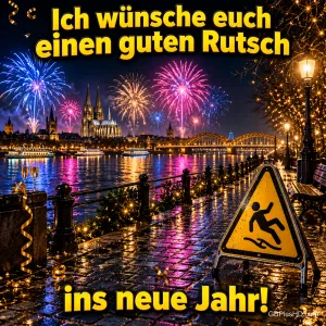 Nasse Uferpromenade mit gelbem Warnschild einer rutschenden Figur, dahinter Dom, Brücke und buntes Feuerwerk, Text "Ich wünsche euch einen guten Rutsch ins neue Jahr!"