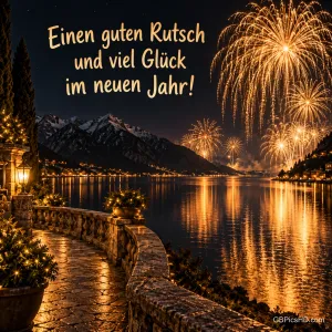 Goldenes Feuerwerk über einem Bergsee bei Nacht, beleuchtete Uferpromenade mit Laterne und Spiegelungen im Wasser, Schriftzug "Einen guten Rutsch und viel Glück im neuen Jahr!"