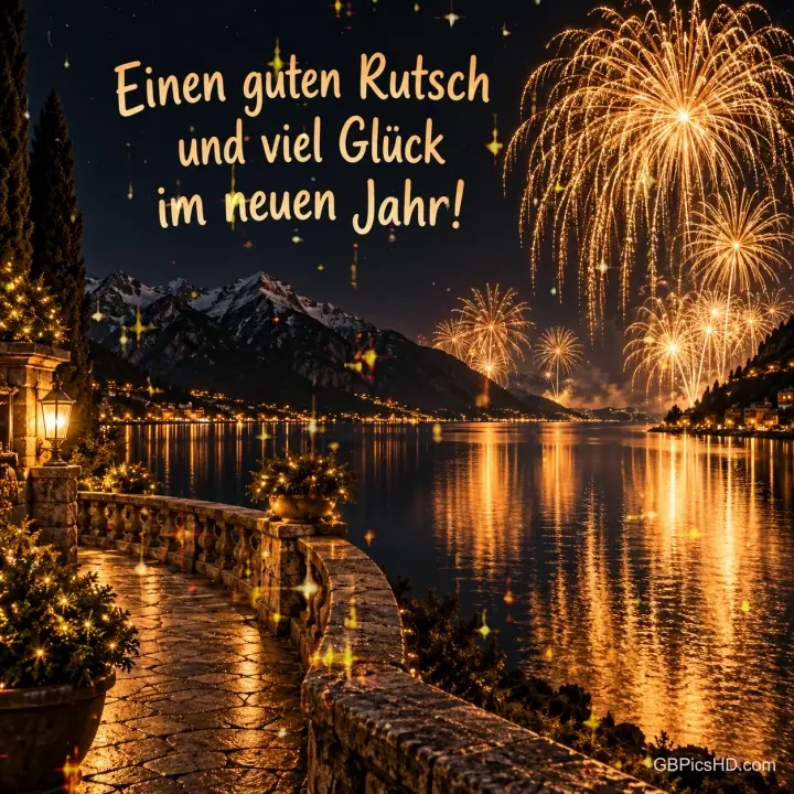 Goldenes Feuerwerk über einem Bergsee bei Nacht, beleuchtete Uferpromenade mit Laterne und Spiegelungen im Wasser, Schriftzug "Einen guten Rutsch und viel Glück im neuen Jahr!" Goldenes Feuerwerk über einem Bergsee bei Nacht, beleuchtete Uferpromenade mit Laterne und Spiegelungen im Wasser, Schriftzug "Einen guten Rutsch und viel Glück im neuen Jahr!"