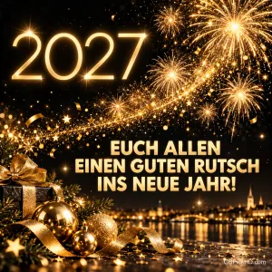 Leuchtende goldene Zahl 2027 über goldenem Feuerwerk, Geschenk, Kugeln und Lichterstadt am Fluss, darunter "Euch allen einen guten Rutsch ins neue Jahr!"