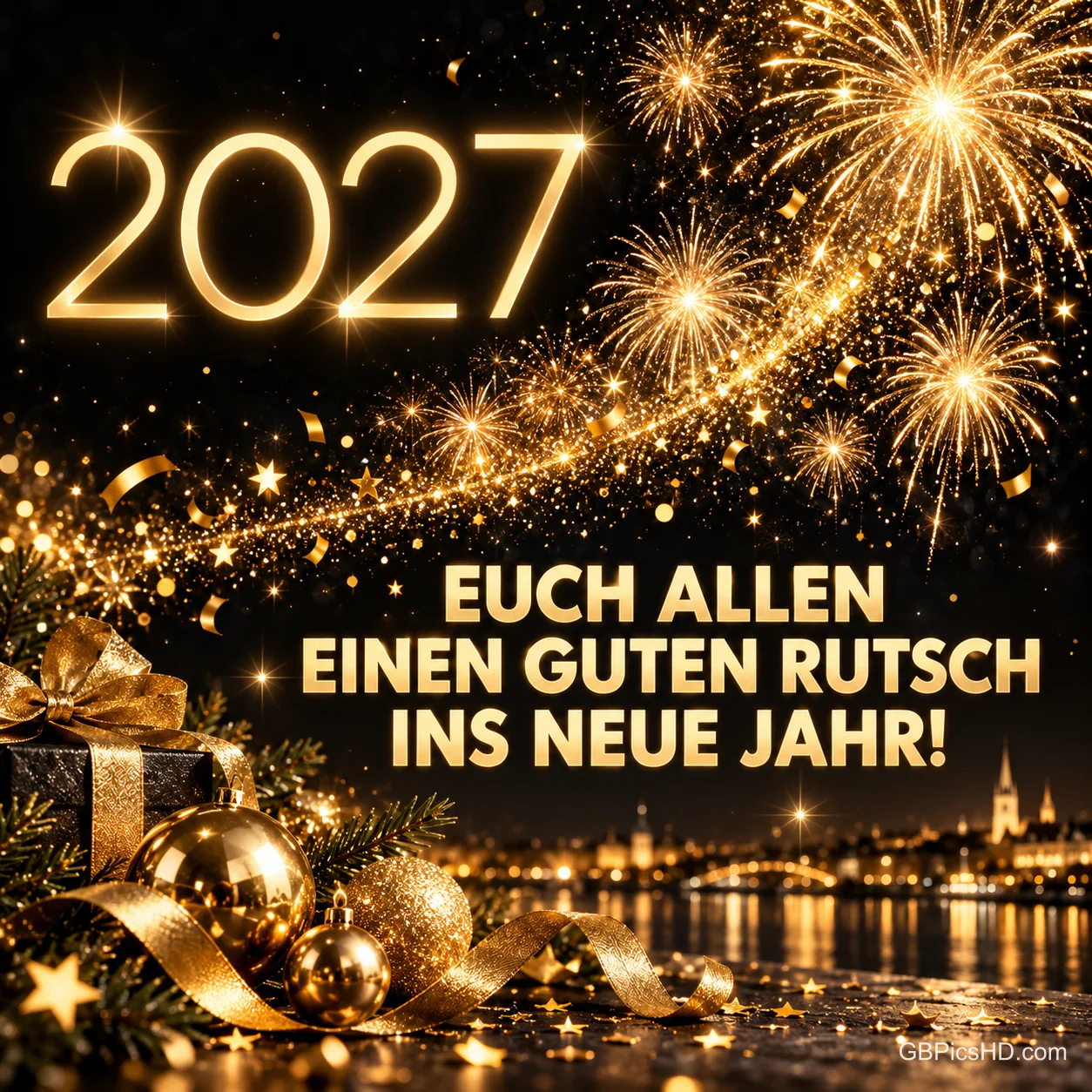 Leuchtende goldene Zahl 2027 über goldenem Feuerwerk, Geschenk, Kugeln und Lichterstadt am Fluss, darunter "Euch allen einen guten Rutsch ins neue Jahr!" Leuchtende goldene Zahl 2027 über goldenem Feuerwerk, Geschenk, Kugeln und Lichterstadt am Fluss, darunter "Euch allen einen guten Rutsch ins neue Jahr!"