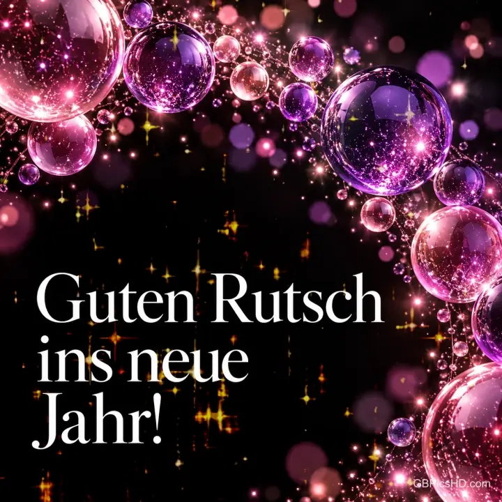 Schwarzer Hintergrund mit einem Bogen aus glitzernden pinken und violetten Kugeln und Lichtpunkten, weißer Schriftzug "Guten Rutsch ins neue Jahr!" Schwarzer Hintergrund mit einem Bogen aus glitzernden pinken und violetten Kugeln und Lichtpunkten, weißer Schriftzug "Guten Rutsch ins neue Jahr!"