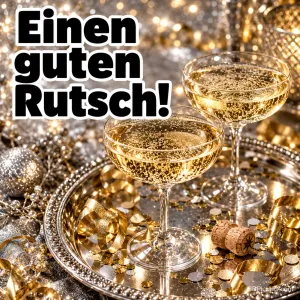 Zwei Sektschalen auf einem silbernen Tablett mit goldenen Luftschlangen, Konfetti und Korken vor funkelndem Glitzerhintergrund, Schriftzug "Einen guten Rutsch!"