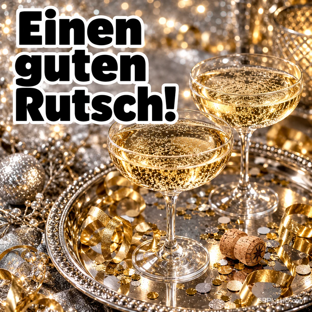 Zwei Sektschalen auf einem silbernen Tablett mit goldenen Luftschlangen, Konfetti und Korken vor funkelndem Glitzerhintergrund, Schriftzug "Einen guten Rutsch!" Zwei Sektschalen auf einem silbernen Tablett mit goldenen Luftschlangen, Konfetti und Korken vor funkelndem Glitzerhintergrund, Schriftzug "Einen guten Rutsch!"