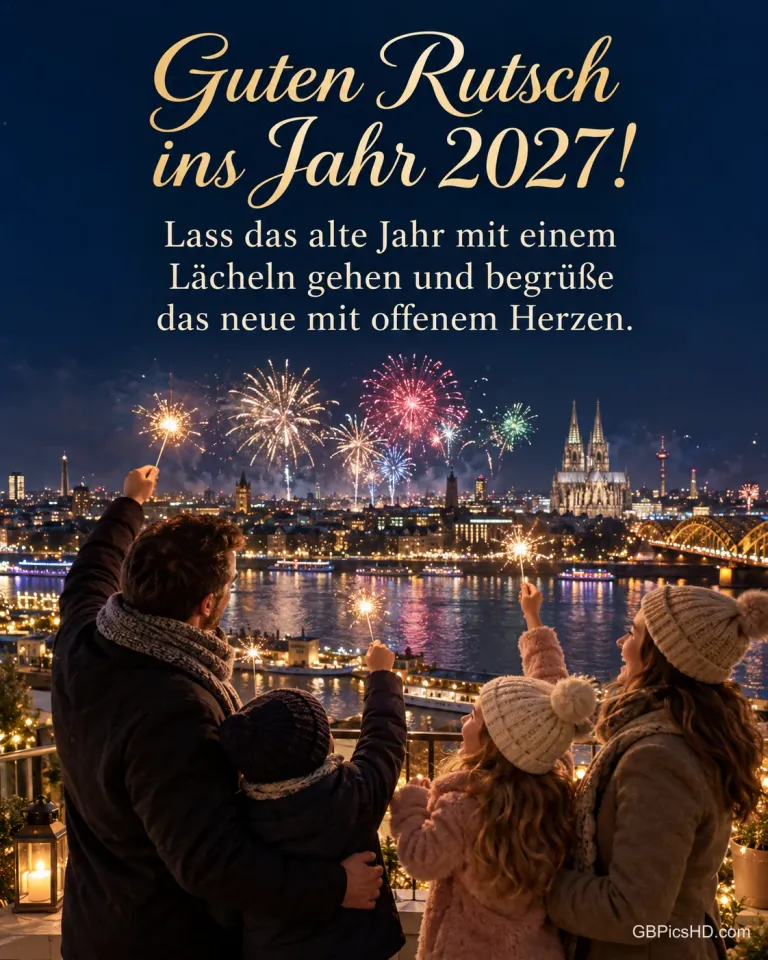 Eine Familie hält auf dem Balkon Wunderkerzen und schaut auf das Feuerwerk über Fluss und Stadt, dazu "Guten Rutsch ins Jahr 2027!".