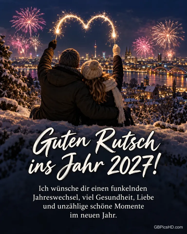 Ein Paar sitzt im Schnee über der beleuchteten Stadt und zeichnet mit Wunderkerzen ein Herz zwischen das Feuerwerk, dazu "Guten Rutsch ins Jahr 2027!".