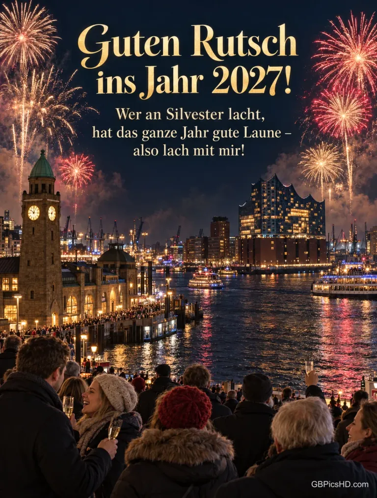 Feuerwerk über dem Hamburger Hafen mit Elbphilharmonie und Landungsbrücken um Mitternacht, dazu "Guten Rutsch ins Jahr 2027!".