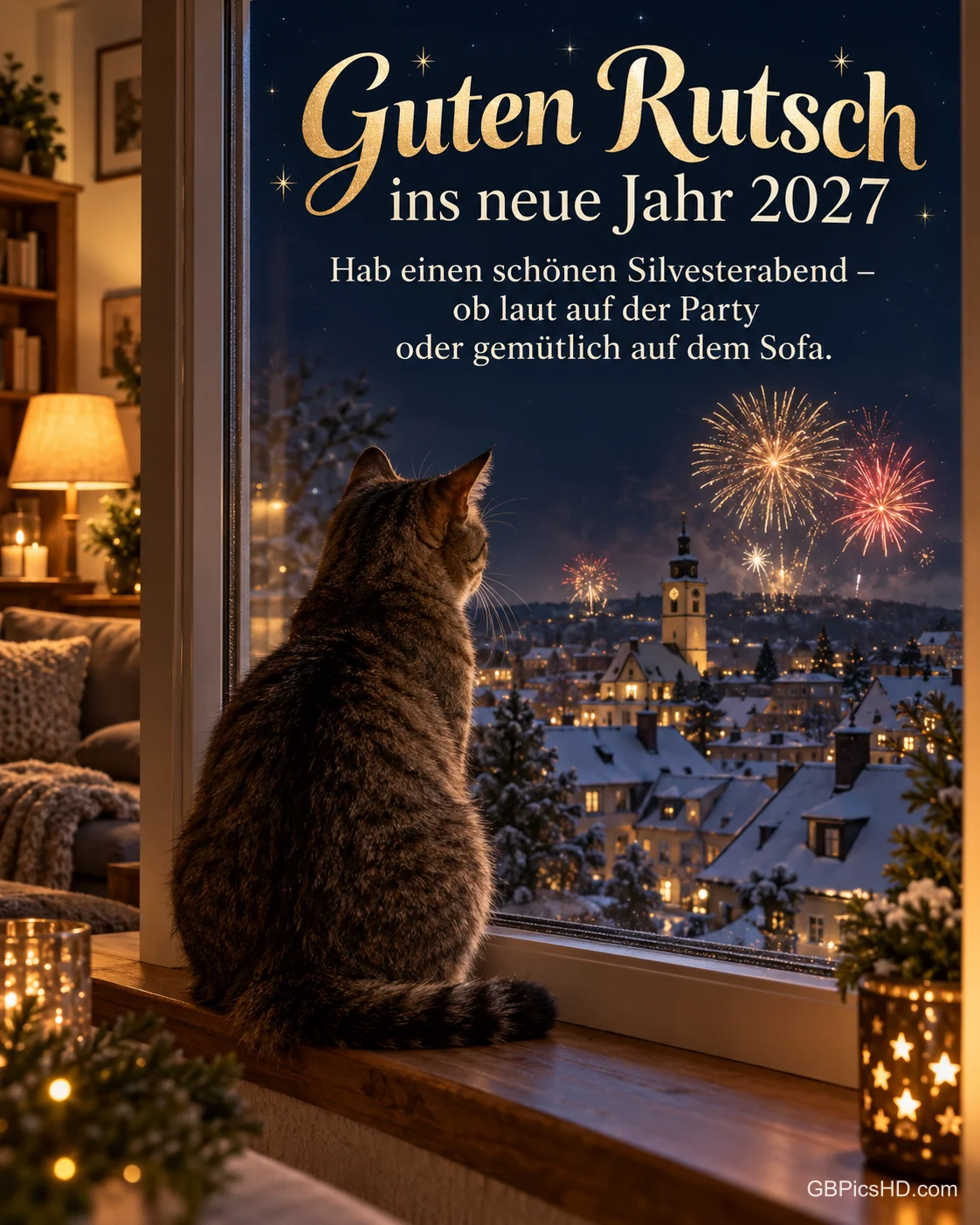 Eine getigerte Katze sitzt auf der Fensterbank und schaut auf das Feuerwerk über verschneiten Dächern, dazu "Guten Rutsch ins neue Jahr 2027".
