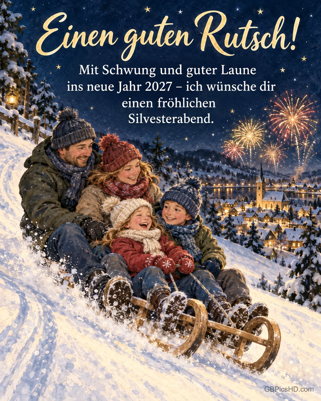 Eine Familie rodelt nachts einen Schneehang hinunter, über dem Dorf leuchtet Feuerwerk, dazu "Einen guten Rutsch!".