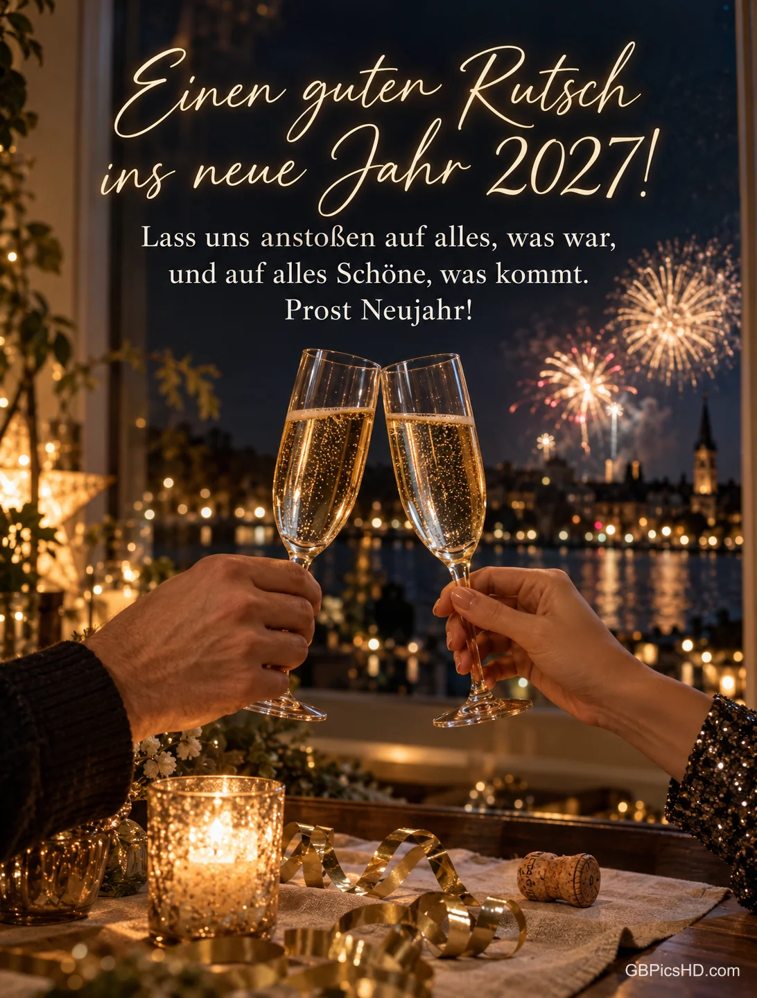 Zwei Hände stoßen am Fenster mit Sektgläsern an, draußen leuchtet Feuerwerk über der Stadt, dazu "Einen guten Rutsch ins neue Jahr 2027!".