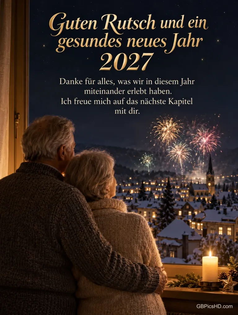 Ein älteres Paar steht Arm in Arm am Fenster und schaut auf das Feuerwerk über verschneiten Dächern, dazu "Guten Rutsch und ein gesundes neues Jahr 2027".