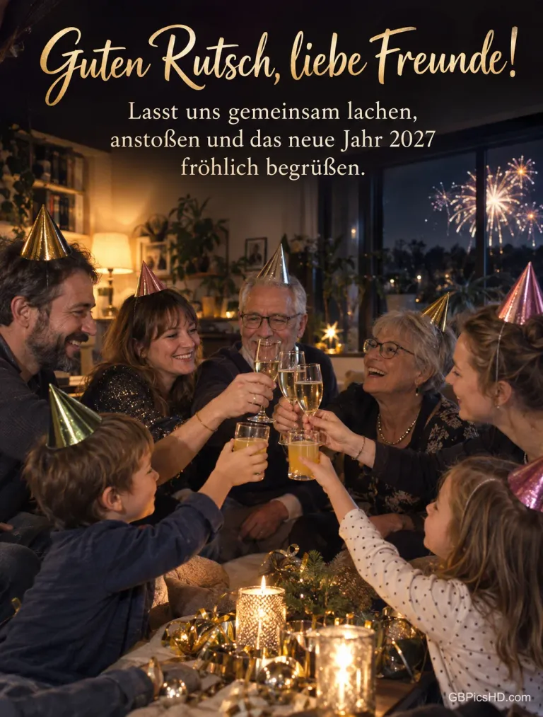 Freunde verschiedenen Alters stoßen mit Partyhüten und Luftschlangen um Mitternacht an, die Kinder mit Saft, dazu "Guten Rutsch, liebe Freunde!".