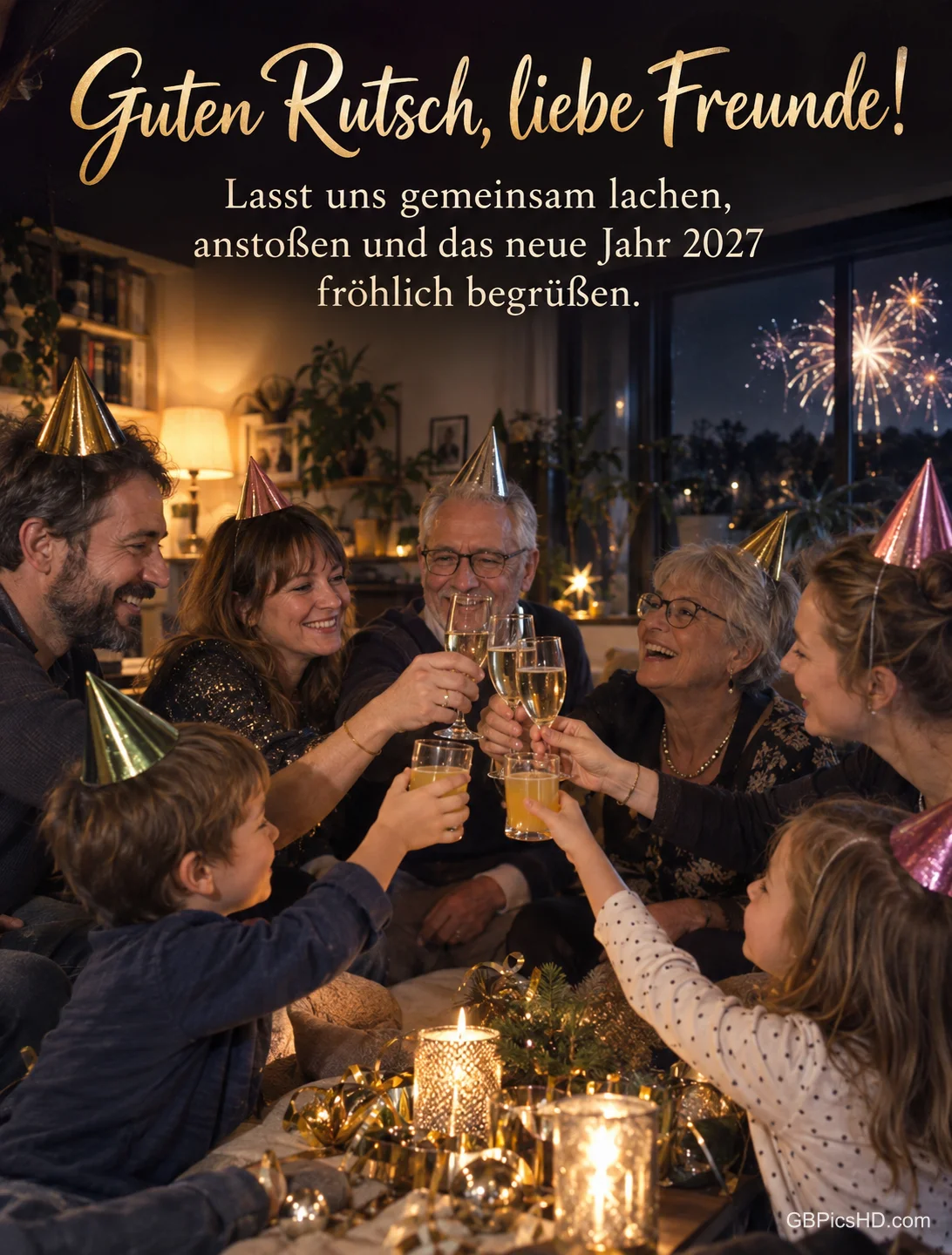 Freunde verschiedenen Alters stoßen mit Partyhüten und Luftschlangen um Mitternacht an, die Kinder mit Saft, dazu "Guten Rutsch, liebe Freunde!". Freunde verschiedenen Alters stoßen mit Partyhüten und Luftschlangen um Mitternacht an, die Kinder mit Saft, dazu "Guten Rutsch, liebe Freunde!".