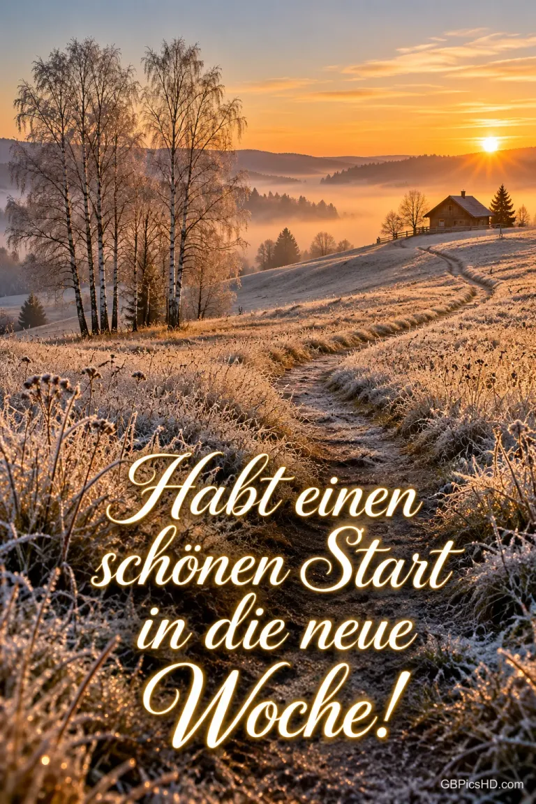 Sonnenaufgang über einer frostigen Wiese mit Birken, Nebel und Hütte auf dem Hügel, dazu "Habt einen schönen Start in die neue Woche!"