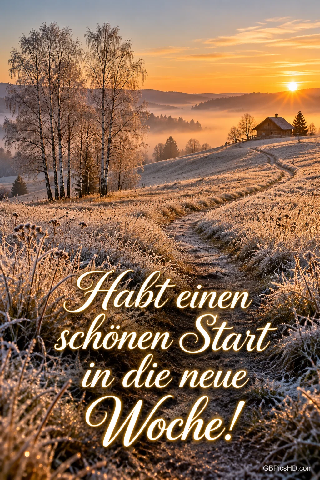 Sonnenaufgang über einer frostigen Wiese mit Birken, Nebel und Hütte auf dem Hügel, dazu "Habt einen schönen Start in die neue Woche!" Sonnenaufgang über einer frostigen Wiese mit Birken, Nebel und Hütte auf dem Hügel, dazu "Habt einen schönen Start in die neue Woche!"