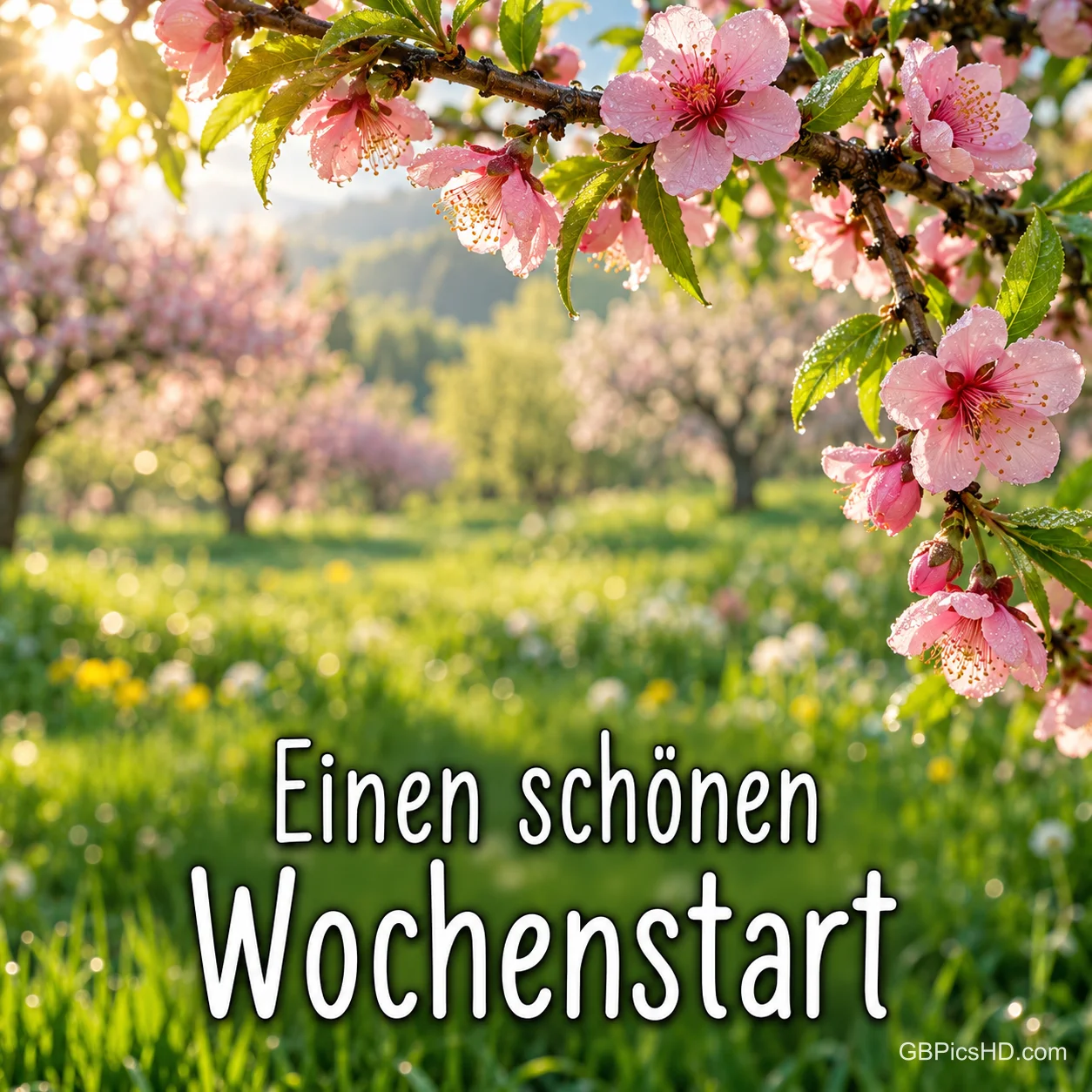 Rosa Blütenzweig über einem sonnigen Obstgarten im Frühling mit dem Schriftzug "Einen schönen Wochenstart" Rosa Blütenzweig über einem sonnigen Obstgarten im Frühling mit dem Schriftzug "Einen schönen Wochenstart"