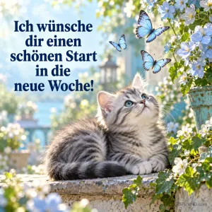 Getigertes Kätzchen blickt zu blauen Schmetterlingen zwischen Frühlingsblumen auf, dazu "Ich wünsche dir einen schönen Start in die neue Woche!"