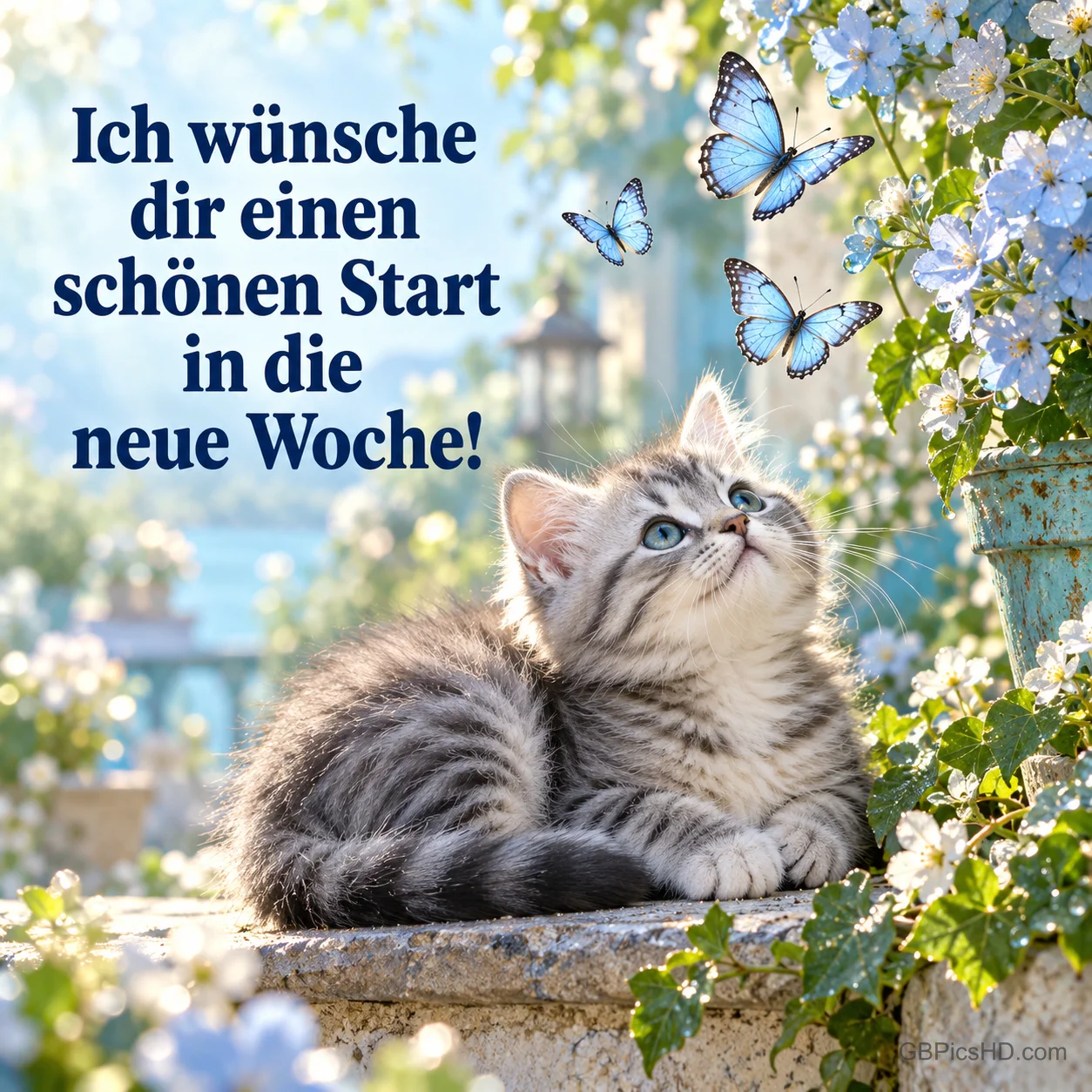 Getigertes Kätzchen blickt zu blauen Schmetterlingen zwischen Frühlingsblumen auf, dazu "Ich wünsche dir einen schönen Start in die neue Woche!" Getigertes Kätzchen blickt zu blauen Schmetterlingen zwischen Frühlingsblumen auf, dazu "Ich wünsche dir einen schönen Start in die neue Woche!"