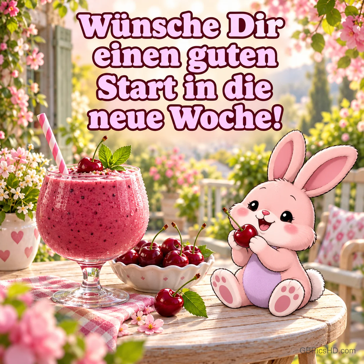 Kirsch-Smoothie und Kirschschale auf einem Gartentisch neben einem niedlichen Cartoon-Hasen, dazu "Wünsche Dir einen guten Start in die neue Woche!" Kirsch-Smoothie und Kirschschale auf einem Gartentisch neben einem niedlichen Cartoon-Hasen, dazu "Wünsche Dir einen guten Start in die neue Woche!"