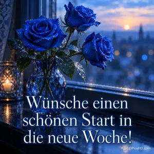 Blaue Rosen in einer Kristallvase am Fenster mit Kerze und Stadtblick in der Morgendämmerung, dazu "Wünsche einen schönen Start in die neue Woche!"