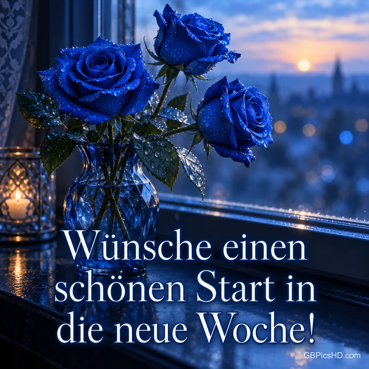 Blaue Rosen in einer Kristallvase am Fenster mit Kerze und Stadtblick in der Morgendämmerung, dazu "Wünsche einen schönen Start in die neue Woche!" Blaue Rosen in einer Kristallvase am Fenster mit Kerze und Stadtblick in der Morgendämmerung, dazu "Wünsche einen schönen Start in die neue Woche!"