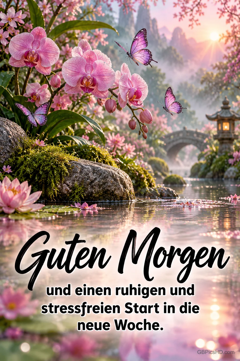 Pinke Orchideen und Schmetterlinge über einem Bach mit Steinbrücke und Laterne, dazu "Guten Morgen und einen ruhigen und stressfreien Start in die neue Woche." Pinke Orchideen und Schmetterlinge über einem Bach mit Steinbrücke und Laterne, dazu "Guten Morgen und einen ruhigen und stressfreien Start in die neue Woche."