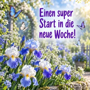 Blaue und weiße Iris mit Schmetterlingen vor einem blühenden Gartenbogen, dazu "Einen super Start in die neue Woche!"