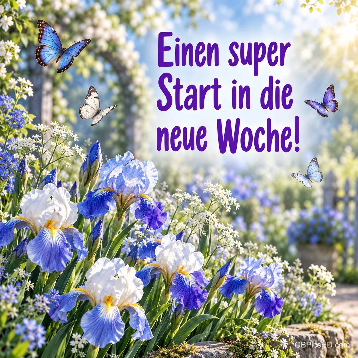 Blaue und weiße Iris mit Schmetterlingen vor einem blühenden Gartenbogen, dazu "Einen super Start in die neue Woche!" Blaue und weiße Iris mit Schmetterlingen vor einem blühenden Gartenbogen, dazu "Einen super Start in die neue Woche!"