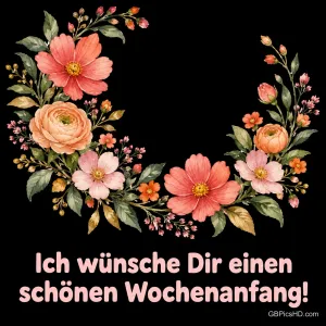 Bogen aus gemalten Rosen, Ranunkeln und Blüten auf schwarzem Hintergrund mit dem Text "Ich wünsche Dir einen schönen Wochenanfang!"