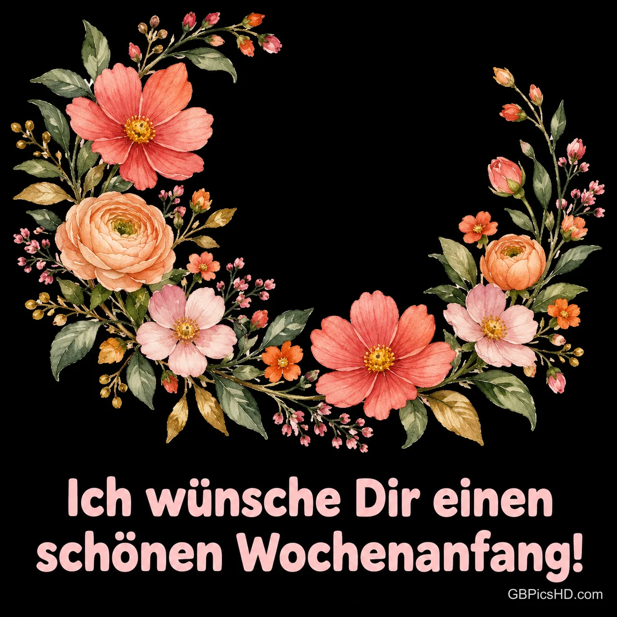 Bogen aus gemalten Rosen, Ranunkeln und Blüten auf schwarzem Hintergrund mit dem Text "Ich wünsche Dir einen schönen Wochenanfang!" Bogen aus gemalten Rosen, Ranunkeln und Blüten auf schwarzem Hintergrund mit dem Text "Ich wünsche Dir einen schönen Wochenanfang!"
