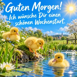 Drei flauschige Entenküken am Teich zwischen Seerosen und Frühlingsblumen unter strahlender Sonne, dazu "Guten Morgen! Ich wünsche Dir einen schönen Wochenstart."